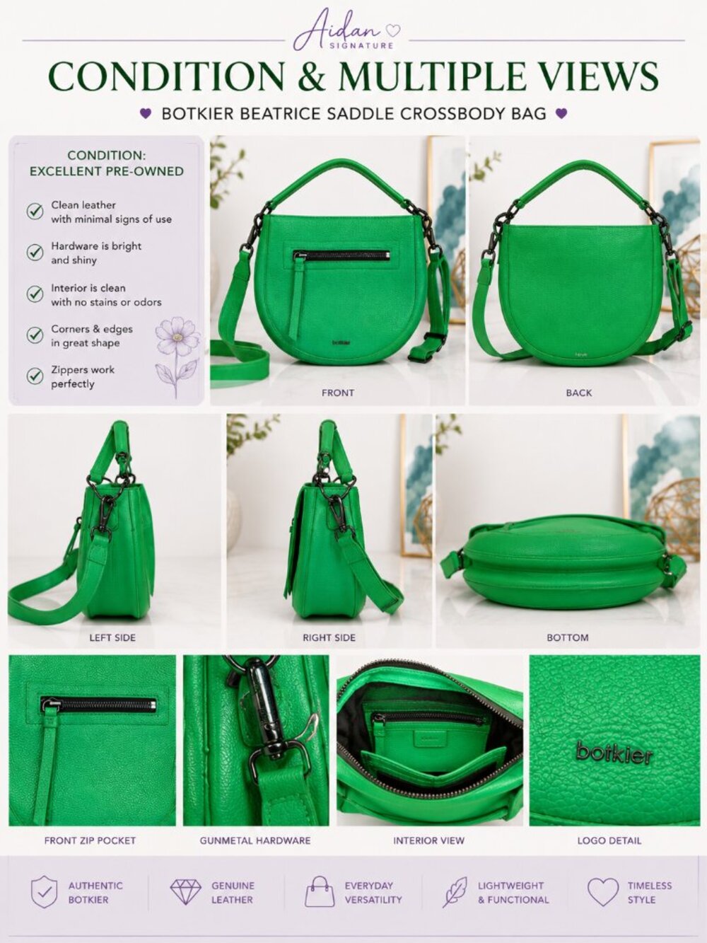 Botkier Beatrice Saddle Crossbody Clover Green Pebbled Leather Shoulder Bag - Picture 2 of 11